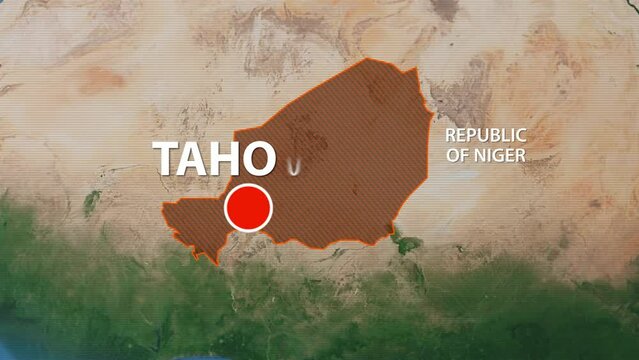Designation of the borders country of Niger on the map and the mark of the location of the city of Tahoua