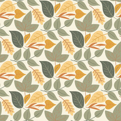 Natural leafy seamless pattern. Background with green and yellow leaves. Botanical print for textiles, wallpapers, digital paper and design, vector illustration