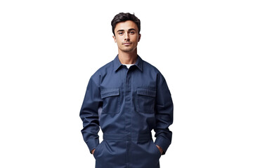 young skillful worker man in work clothes uniform, png isolated on white transparent background