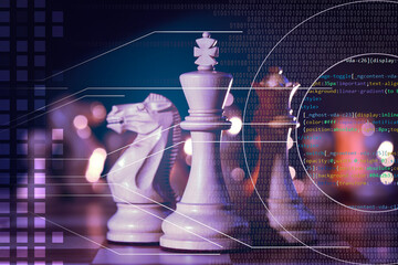 Scheme with chess pieces, binary and programming code