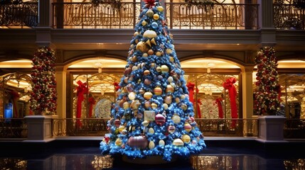 Decorated Christmas tree in majestic hall hotel