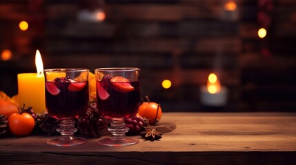 Obraz na płótnie Canvas empty space for mockup presentation display Two glasses of autumn mulled wine