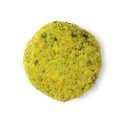 Green tasty vegan cutlet isolated on white, top view
