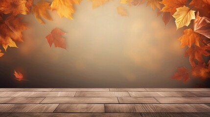 Naklejka na ściany i meble Autumn Display Decoration Background with Autumn Leaves on Wood Wall