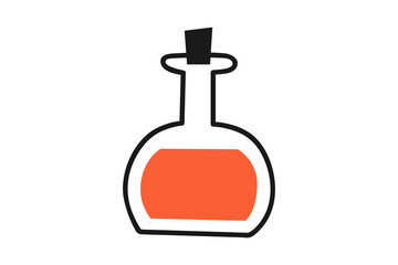 Hand drawn cute cartoon illustration of little potion bottle. Flat vector Halloween magic poison drink sticker in simple doodle style. Witchcraft outline icon or print. Isolated on white background.