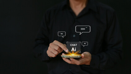 Chat with AI or Artificial Intelligence. Digital chatbot, robot application, OpenAI generate. Futuristic technology.