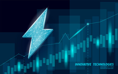 3D growing graph lightning energy sources concept. Polygonal light blue power charging industry banner vector illustration