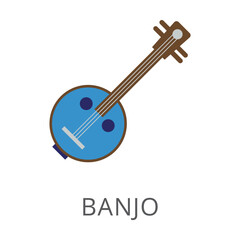 Banjo as African symbol flat vector icon. Cartoon drawing or illustration of traditional symbol on white background. Traveling, music, tourism, Africa concept