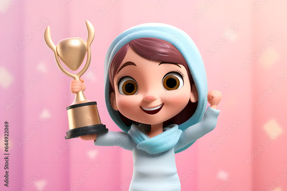 Wall mural cartoon happy with a smile on her face avatar of a young arab woman with a victory cup