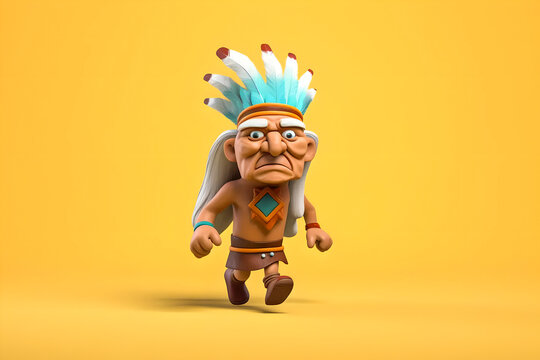Cartoon playful avatar of an old Native American man with a stern look walking in feathered national dress