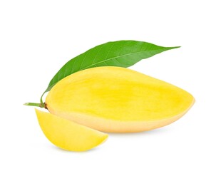 Mango fruits with slices and leaves isolated on white background.