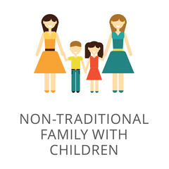 Happy homosexual couple with two children isolated on white. Colored flat vector icon of family with child. Human relationship concept