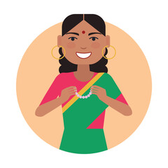 Fototapeta premium Indian girl in traditional clothes and jewelry. Multicolored flat vector icon representing women activities and professions concept isolated on white background