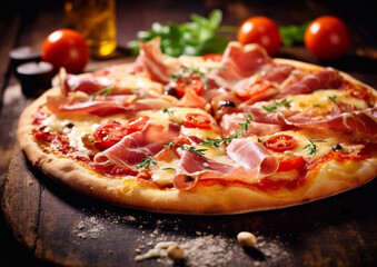 Italian pizza with prosciutto parma ham slices on tables.Macro.Ai Generative