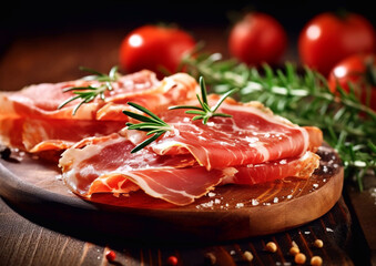 Slices of parma ham with rosemary on chopping board.Macro.AI Generative.