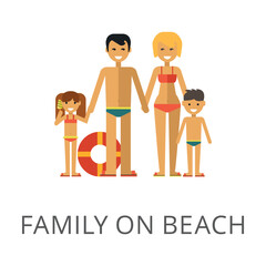 Family with children on beach holiday with lifebuoy isolated on white. Colored flat vector icon of people wearing swimwear. Summer and recreation concept