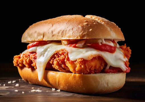 Chicken breaded fillet sandwich sub with parmesan cheese and sauce.Macro.AI generative.