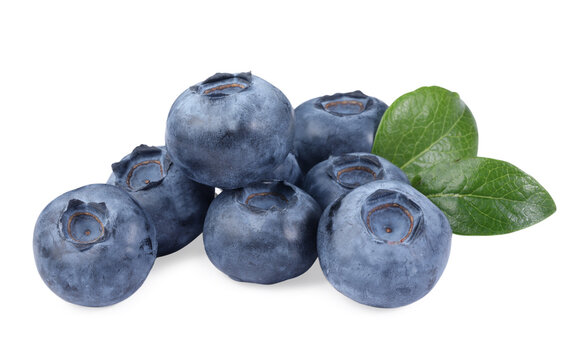 Pile of fresh ripe blueberries and leaves isolated on white