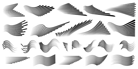 Speed lines in a set, of various shapes in the form of a turn, zigzag, reversal, drill, arc and spiral in black on a transparent background