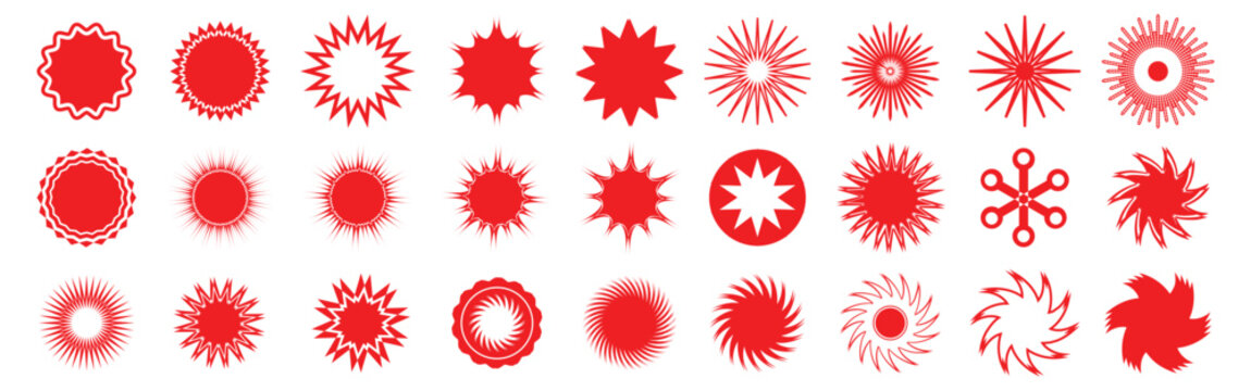 Starburst red sticker set -Red starburst promotional badge set, shopping labels. collection of special sunburst labels and buttons isolated on white background. 
