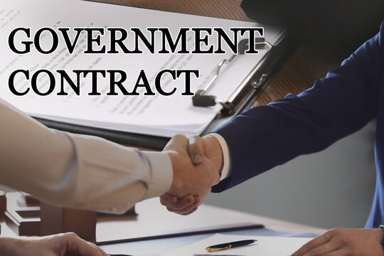 Government contract. Collage with photo of businesspeople shaking hands and documents