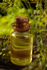 Bottle of essential oil and fresh dill on wooden table, closeup