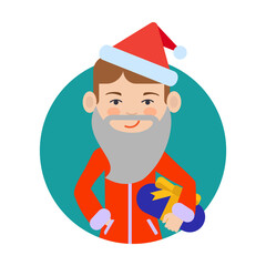 Boy dressed in Santa Claus costume flat vector circle icon. Young student in red New Year suit holding wrapped gift isolated on white background. Children activities, Christmas, holiday concept