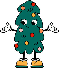 Retro Christmas tree kawaii.  Cute Christmas tree with a face, arms and legs.