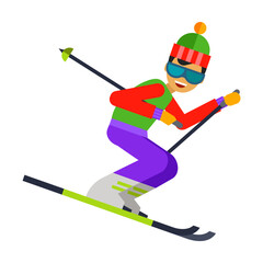 Athlete rushing down mountain flat vector icon. Skier in winter uniform and hat moving on skis with ski poles in his hands on white background. Activities and professions, sport concept