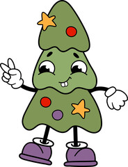 Retro Christmas tree kawaii.  Cute Christmas tree with a face, arms and legs.