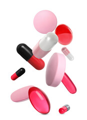 Many different colorful pills falling on white background