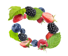 Many different berries flying on white background