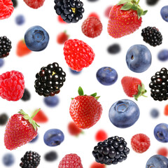 Many different berries flying on white background