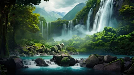 Foto op Plexiglas Magnificent La Fortuna Waterfall in Costa Rica - A Gorgeous Deep Fall in a Beautiful Natural Landscape Background of America's Fortune © AIGen