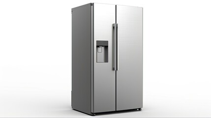 Modern Stainless Steel Side-by-Side Refrigerator. Isolated Fridge Freezer on White Background. 3D Rendering for Kitchen Appliance with Clean and Sleek Look