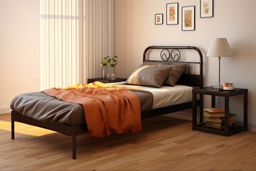 Modern Twin Size Single Bed for Apartment Interior with Bright Brown Blanket on Black Bedstead