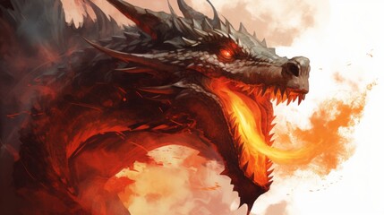 dragon spitting fire, high quality, 16:9 - obrazy, fototapety, plakaty