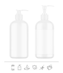 Realistic bottle with white dispenser mockup. In two positions open and closed. Vector illustration isolated on white background. Perfect for the presentation of soap, disinfectant, medical, etc. EPS