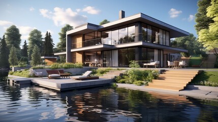 modern house by the river, sunshine, 16:9, high quality picture