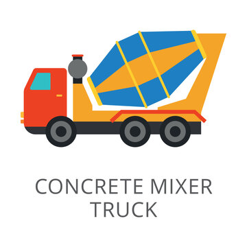Side view of concrete mixer truck flat vector icon. Cartoon drawing or illustration of heavy machinery or equipment for construction work on white background. Industry, technology concept