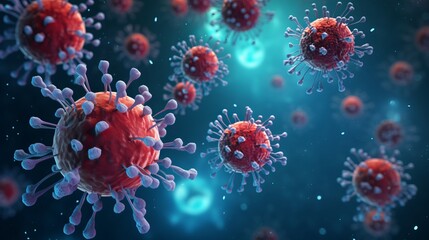 covid-19 illustration, microscopic view of floating influenza virus cell, 16:9, copy space