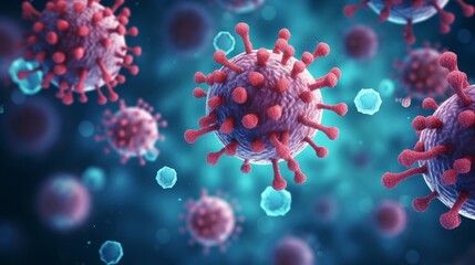 covid-19 illustration, microscopic view of floating influenza virus cell, 16:9, copy space - obrazy, fototapety, plakaty