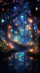 Enchanted Forest at night, a magical forest filled with illuminated fireflies and flowers, fantasy art and copy space, ai generated