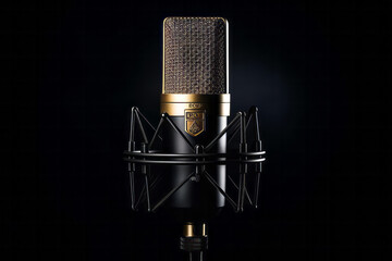golden color microphone detail in music and sound recording studio, black background