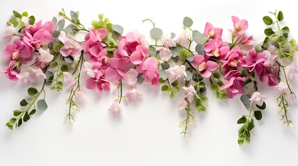Top Border Arrangement of Eucalyptus, Freesia, and Pink Rose Flowers Isolated on White Background