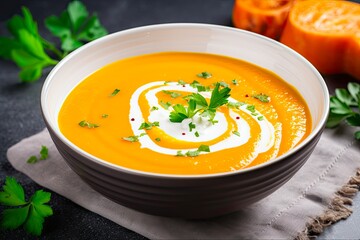 Smooth and Creamy Carrot and Pumpkin Soup on a Grey Stone Background - Perfect Fall Meal