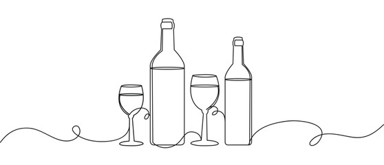 wine bottle and glass line art style illustration vector eps 10