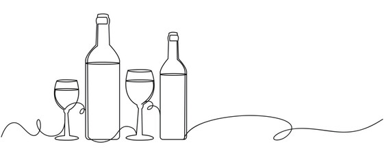 wine bottle and glass line art style illustration vector eps 10