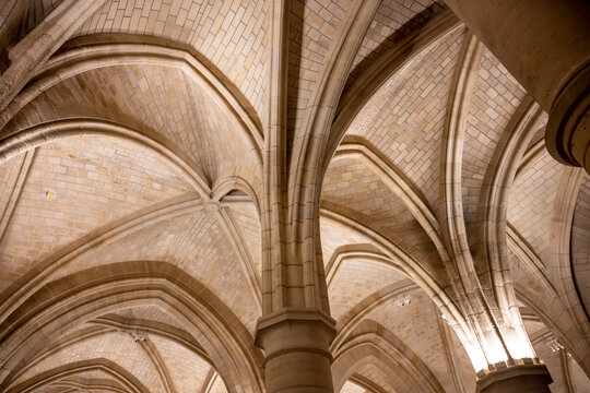 Gothic ceiling of main hall in Conciergerie, former courthouse and prison in Paris, France