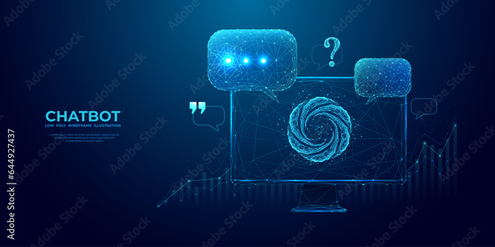 Poster Chatbot abstract logo on a computer monitor screen and speech bubbles, question marks, and quote icons. Digital chatting artificial intelligence concept on technology blue background. Low poly vector